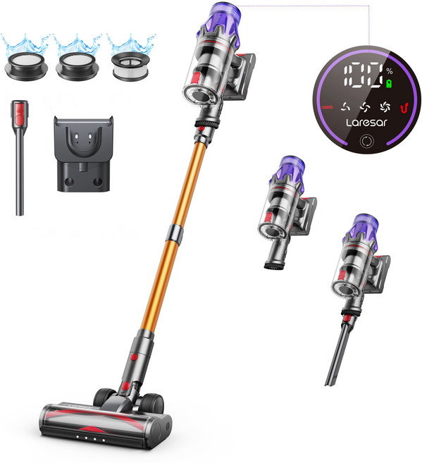 Laresar 무선 진공 청소기 500W 50KPA 흡입력 휴대용 스마트 가전 먼지 컵 탈착식 배터리 스마트 터치 스크린, 자색+노란색