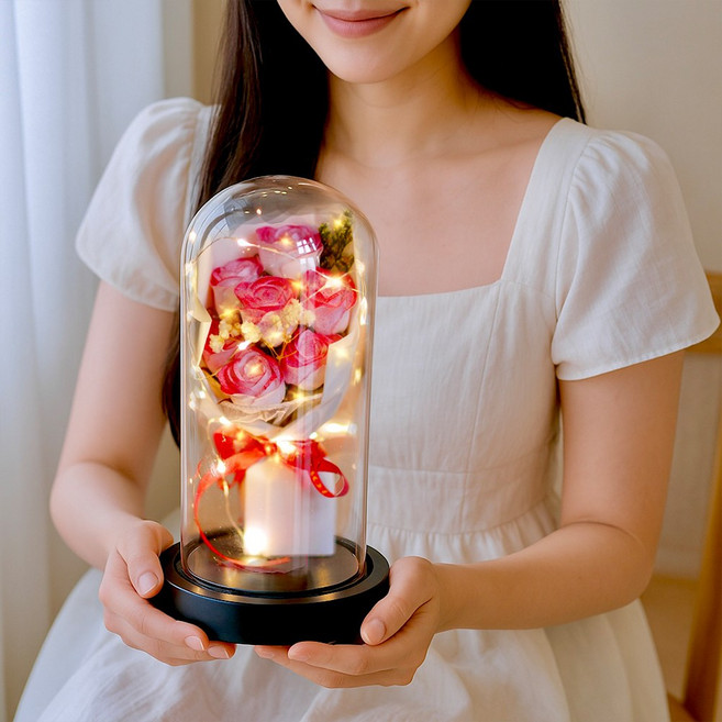 (건전지 포함) 아르띠콜로 장미꽃 유리돔 꽃다발 무드등, 1개, 레드