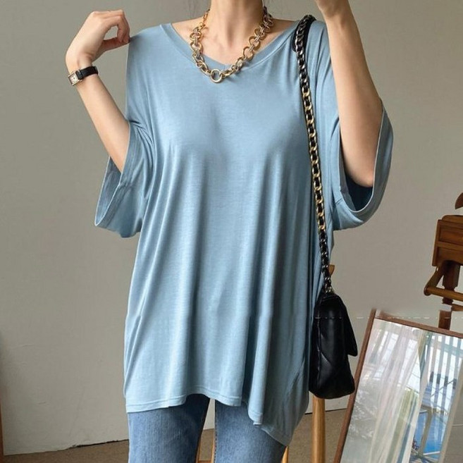 빅걸스토리 빅사이즈 여성 반팔 실키 레이온스판 루즈핏 브이넥 티셔츠