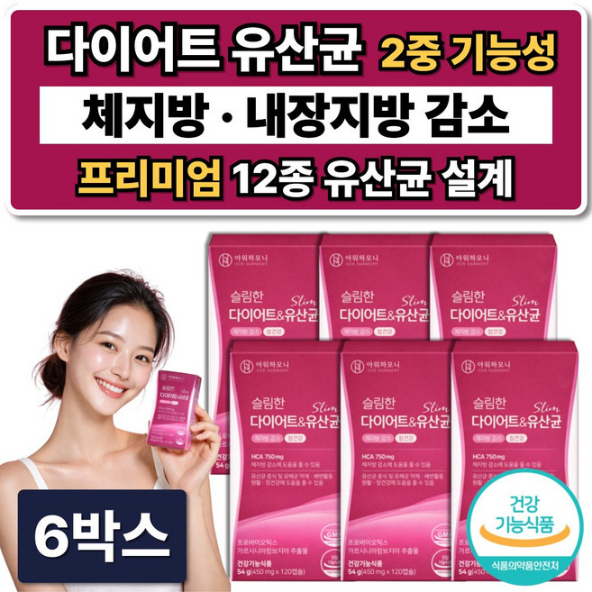 체지방감소 다이어트 유산균 식약청인증 보조제 /10개구매 비에날씬 BNR17 프로틴 증정, 6박스, 120정