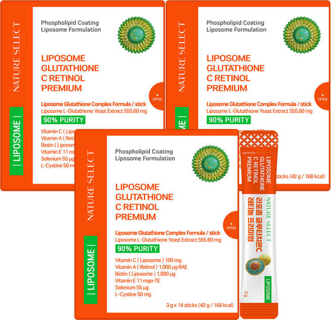 네이처셀렉 리포좀 글루타치온 C 레티놀 비오틴 100배 UP! 순도 90% 순수함량 500mg 식약청 인증, 42g, 3개