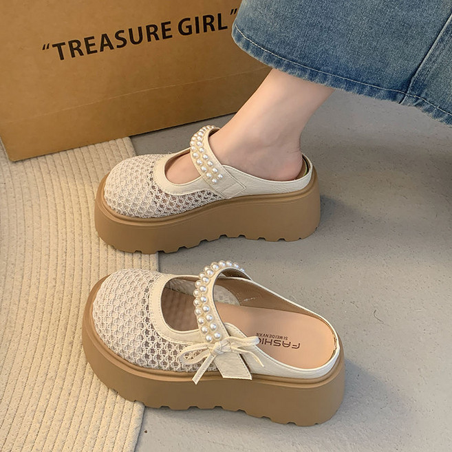 여름 여성 슬리퍼 메쉬 발편한 키높이 슬리퍼 8CM 실내외화 데일리 여자 통굽 슬리퍼 CJJ