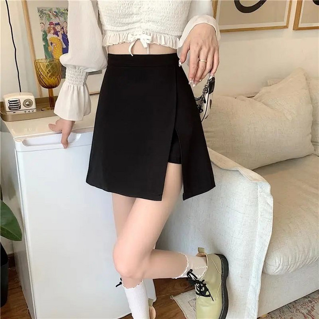 黑色高腰開衩a字短裙 不規則裙擺