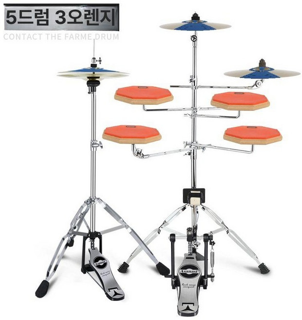 드럼 세트 5드럼 연습용 심벌즈 패드 스탠드 매트 드럼통 드럼키, 1개, 오렌지 5통 3심벌+드럼스틱통+드럼키