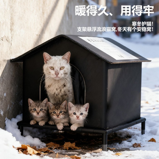 冬季保暖愛心流浪貓窩，防水防雨，抗寒，大空間，封閉式帳篷，四季通用，耐咬, 1個, 冬季防水流浪窩黑色吸熱大號,獨立包裝