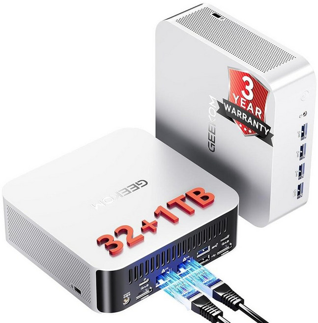 GEEKOM 미니 PC | 사무실 및 비디오 편집[3년 커버] A8 Max AMD Ryzen 7 8745HS 16GB DDR5|1TB SSD(확장 가능) 듀얼 LAN 컴퓨터, Silver(321T)