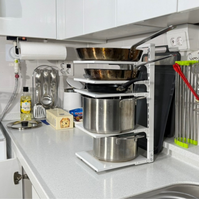 슈아미 굵고 튼튼한 후라이팬 정리대 냄비 거치대 높이조절 씽크대, 1개, 화이트, 5단