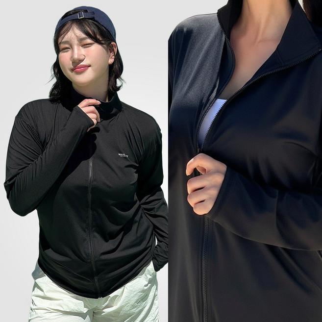 44~88반/자체제작 비키비키 제이드 집업 래쉬가드 UPF50+ 긴팔 루즈핏 하이넥 여자 여름 남자 남녀공용 상의 바캉스 스윔웨어, 블랙L