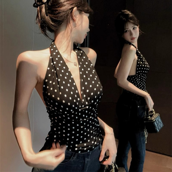 Asure 여름 여성 도트 끈나시 브이넥 슬림핏 홀터넥 나시