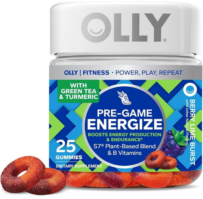 OLLY 올리 Pre-Game Energize 에너자이징 워크아웃 젤리 비타민B6/B12 녹색 커피콩 추출물 녹차 추출물 블루베리 타트 체리, 2개, 25정
