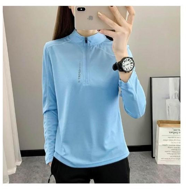 運動上衣女 夏季修身透氣薄款長袖T恤 彈性立領 速乾健身衣 大呎碼冰絲網眼涼感跑步排汗衣