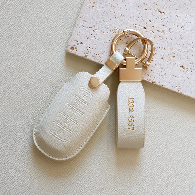 (무료각인) 트니르 현대 호환 그랜저IG 올뉴아반떼 CN7 팰리세이드 I30 벨로스터 코나 베뉴 싼타페 차 키케이스 가죽 + 키링 차량용품 키홀더, 현대D타입(5버튼), 아이보리