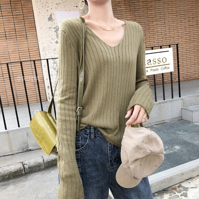 杜達女孩 八色慵懶風坑條長袖包心紗薄款毛衣 秋冬寬鬆V領針織上衣