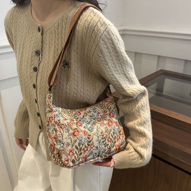 besteffie 크로스백 여성용 편안한 캔버스 크로스백 가벼운 꽃무늬 일상 데일리백 K87