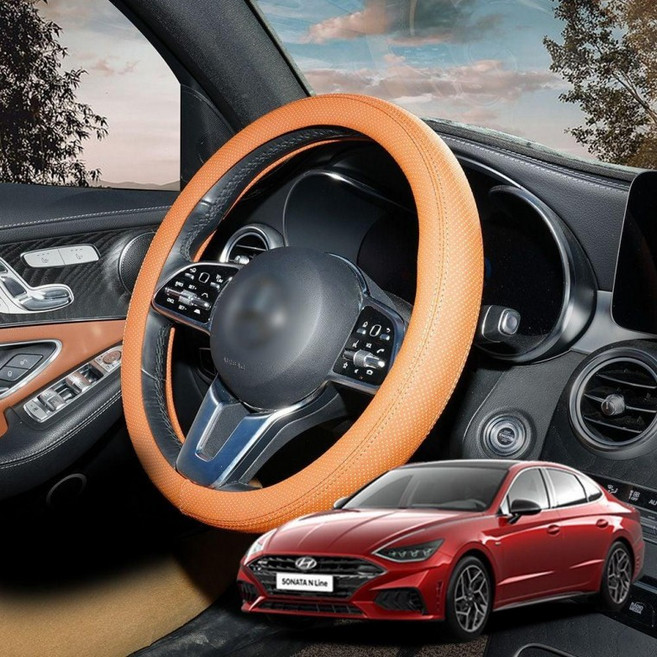 쏘나타N라인 가죽 사계절 논슬립 타공 스티치 핸들커버, 470mm_블랙