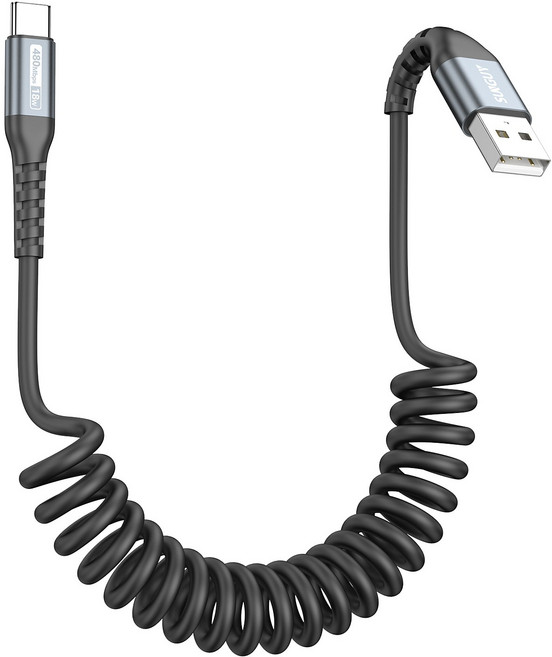 SUNGUY C타입 고속 충전 케이블 코일 스프링 데이터 케이블 자동차용 480Mbps 18W, 그레이, 1개, 1.5m
