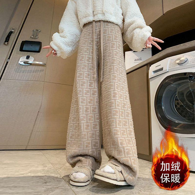 加厚水貂絨字母針織闊腿褲