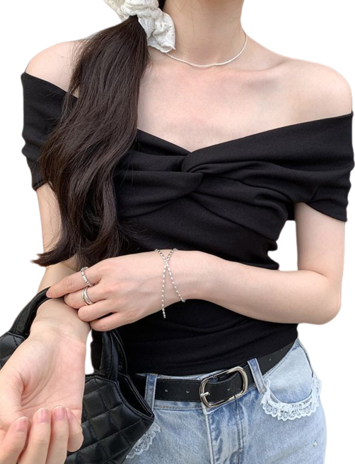 Makone 여성 반팔 셔링 트위스트 반팔 블라우스 오프숄더 티셔츠