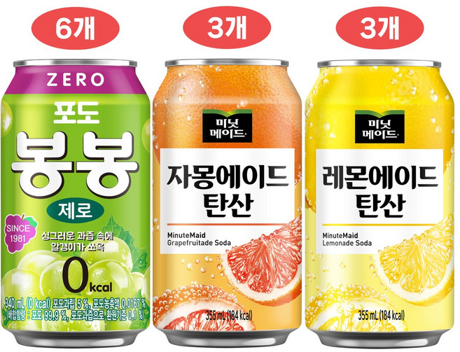 뚱캔3종 세트(포도봉봉제로+미닛메이드자몽에이드탄산+미닛메이드레몬에이드탄산), 12개, 340ml