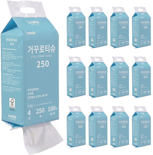 루넬 거꾸로티슈 4겹 도톰한 먼지없는 대나무 프리미엄 벽걸이 화장지, 12개, 250매입