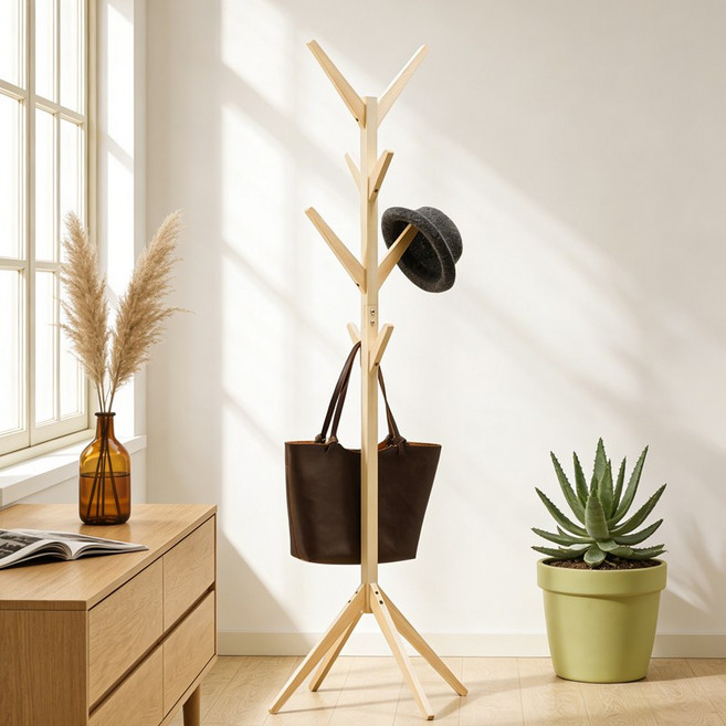 쿠리브 가정용 스탠드 행거 거실 수납용 옷걸이 행거, 원목색
