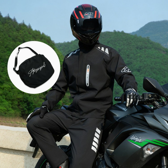 예스이 오토바이 방수 비옷 우비 레인코트 배달 등산 낚시 라이더 우의 상하의 세트, 블랙