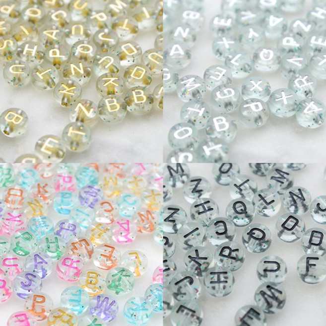 짱패브릭 글리터 투명 알파벳 원형비즈 7mm, 투명실버, 100개