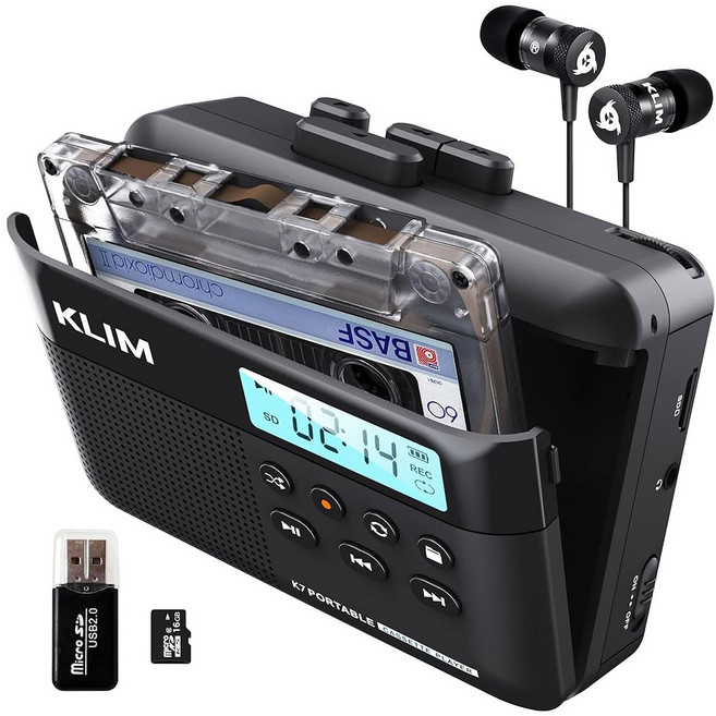 KLIM K7 카세트 테이프 플레이어 - 카세트에서 MP3로 변환기 휴대용 내장 마이크 및 스피커 충전식 배터리 이어폰 16GB SD 카드 실버, Black