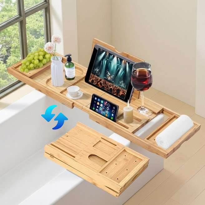 블레오 접이식 길이조절 원목 욕조 트레이 거치대, 우드, 1개