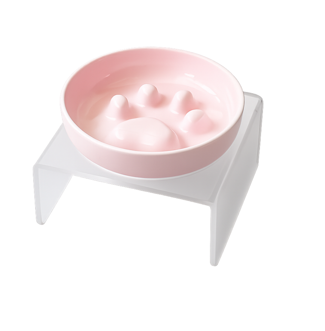 COZY-CAT 寵物慢食碗, 粉色腳印單碗+磨砂支架(附防滑貼x4), 1個