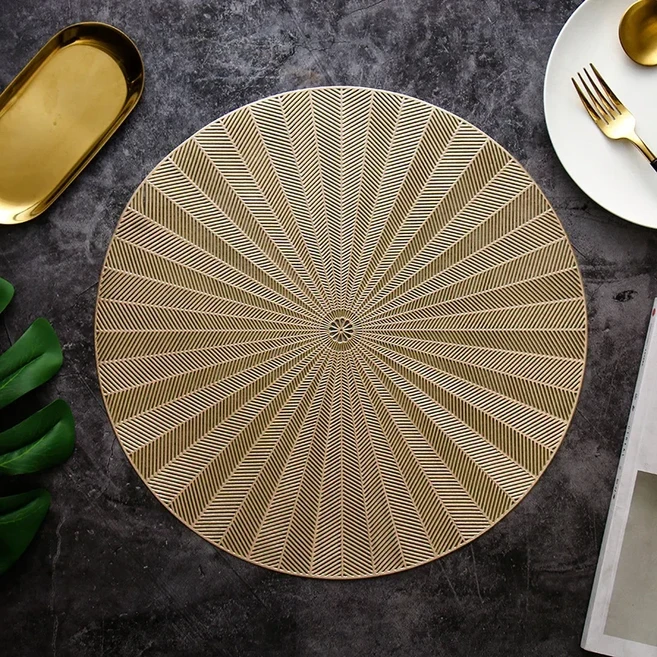 1pc 라운드 플레이스 매트 잎 밀 귀 직조 패턴 테이블 PVC 중공 식사 축제 커피, 01 R38cm, 01 1piece, 08 gold 005