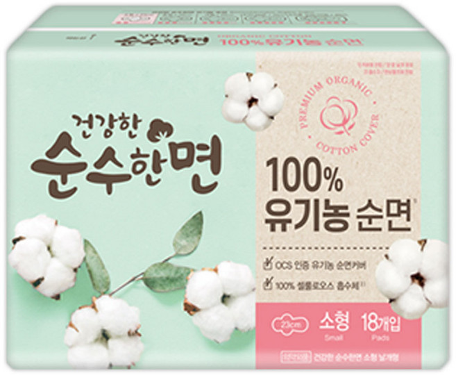 깨끗한나라 순수한면 유기농생리대 소형 18p 1팩, 1개, 18매