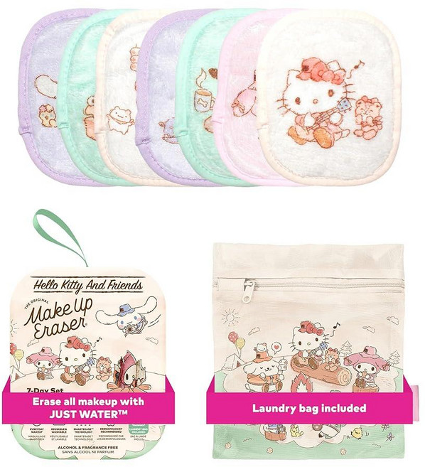 오리지널 MakeUp Eraser 7일 세트 방수 마스카라 아이라이너 파운데이션 립스틱 자외선 차단제 등을 포함한 물만으로 모든 메이크업을 지울 수 있습니다 헬로 키티와 친구들, 헬로 키티와 친구들 고 글램핑