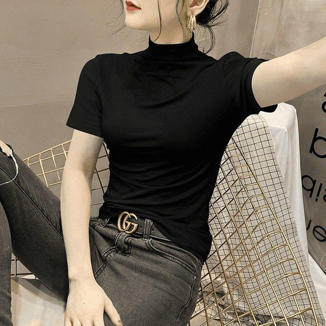 good 爾黑色短袖恤女打底衫高領上衣