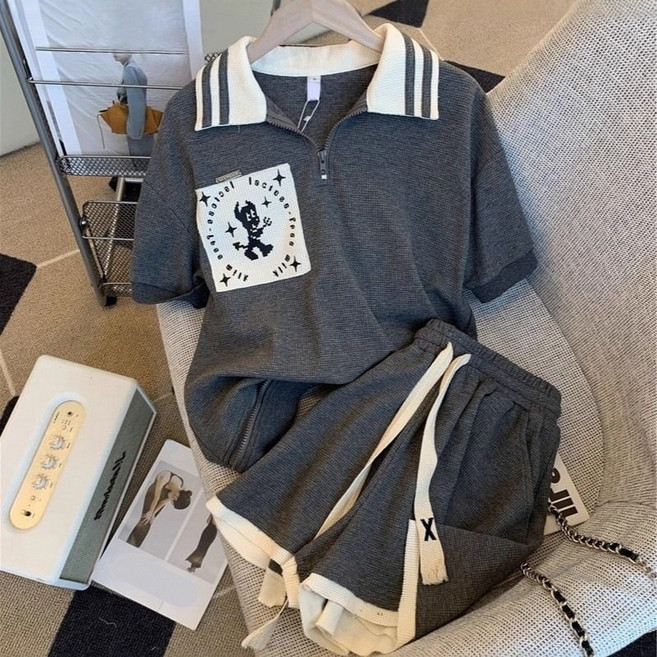 ANYOU 와플 니트 폴로 여성 투피스 세트 캐주얼 캐릭터 포인트 트레이닝세트