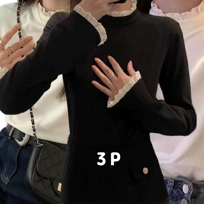 GMZZ 여성 봄 간절기 티셔츠 레이스 반폴라 긴팔티 3종 세트