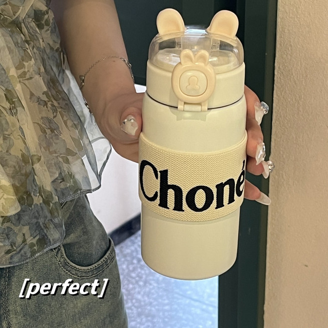 DFMEI 대용량 손잡이 빨대컵 304 스테인리스 텀블러 여자 싱글컵, 400ml-화이트토끼귀, 싱글컵+CH밴딩+청소도구, 1개