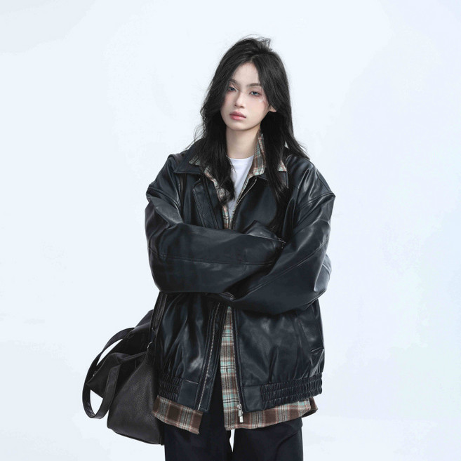 BLACK K7 여성 봄가을 오버핏 블랙 바이커 스타일 가죽 자켓 상의