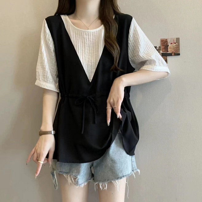 여성 여름 레이어드 티셔츠 루즈핏 반팔 뷔스티에 체형커버 상의