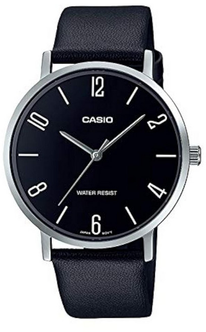 Casio MTP-VT01L-1B2 남성용 미니멀리스트 블랙 다이얼 가죽 밴드 아날로그 시계