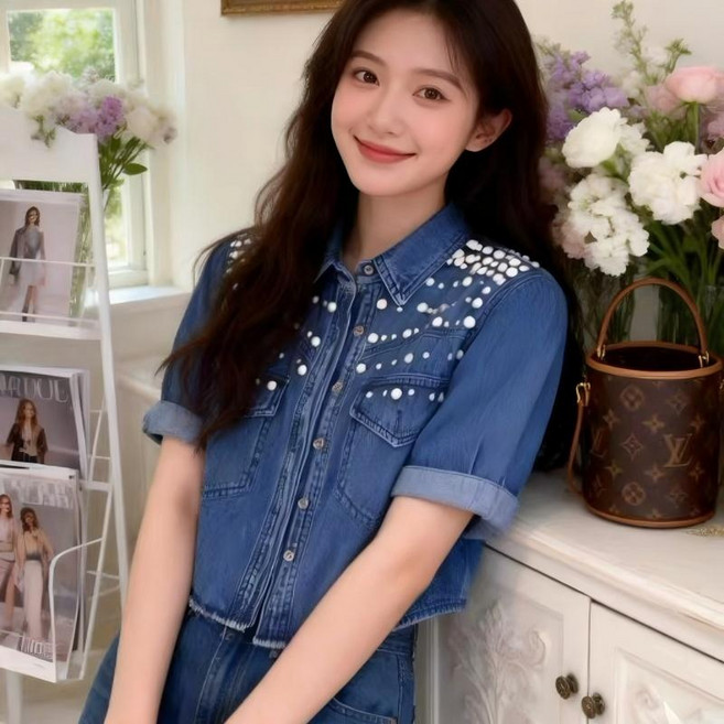 루스리더 여성 구슬 패션 데님 셔츠 ES101