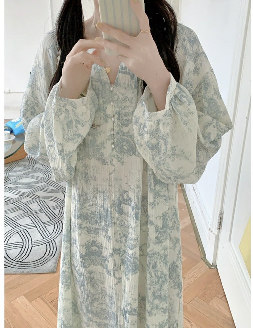 순면 빅사이즈 임산부 루즈핏 롱원피스 잠옷 홈웨어 파자마 뜨왈 진주 로망 2컬러