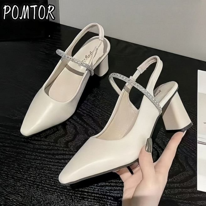 3위 - POMTOR 여성용 통굽 미들힐 슬링백힐 펌프스 발편한 여자 여름 샌들