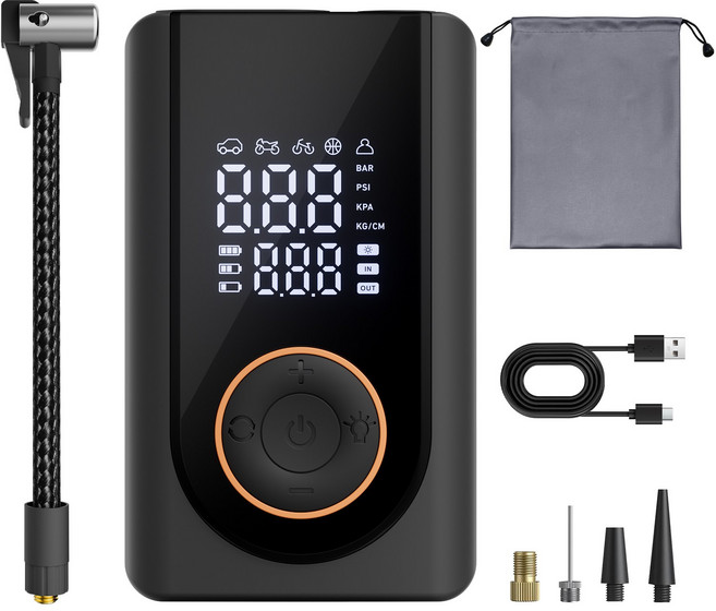 무선 전동 에어펌프 휴대용 7200mAh 다용도 자동차 자전거 타이어 공기주입기 노즐포함, 블랙, 1개