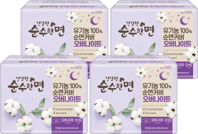 순수한면 생리대 날개형, 오버나이트, 12개입, 4개