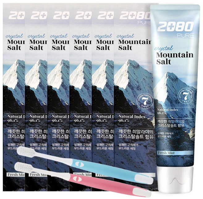 2080 퓨어솔트치약 크리스탈민트향+칫솔2p증정, 6개, 120g