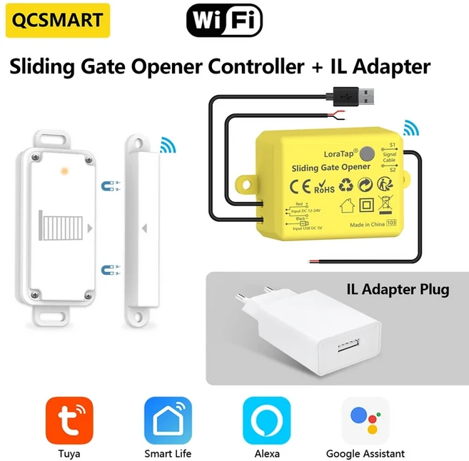 QCSMART 슬라이딩 게이트 오프너 컨트롤러 IP65 방수 도어 센서 USB 충전 Tuya Smart Life Google Home Ale, 07 IL Adapter Plug Kit, 1개