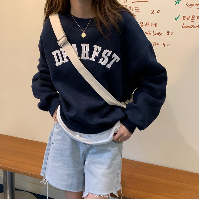 小蘭優購 日韓大學T 女生寬鬆上衣 情侶裝 落肩休閑大碼長款嘻哈