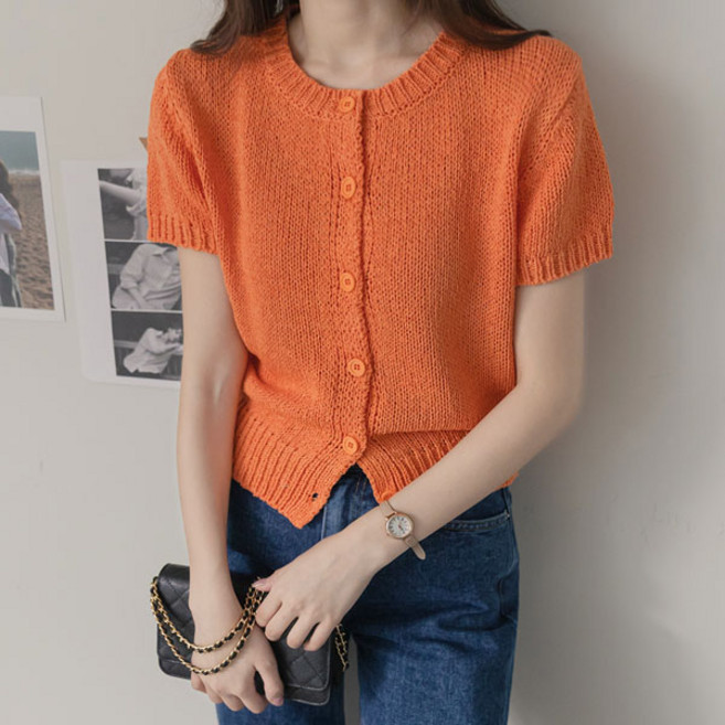 바이단미 여성 니트 스웨터 카디건 숏 슬리브 쿨링 버튼 베이직 데일리 라운드넥 반팔 가디건