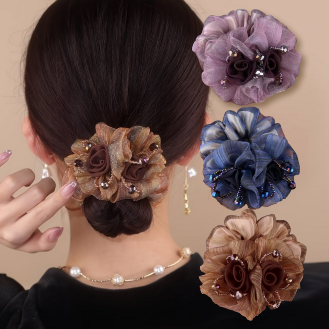 고급스러운 비즈 플라워 장식 쉬폰 곱창밴드 3p 세트